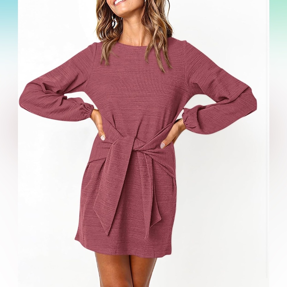 ▪️PRETTYGARDEN Elegant Lantern Sleeve Crewneck Tie Waist Knit Cocktail Dress